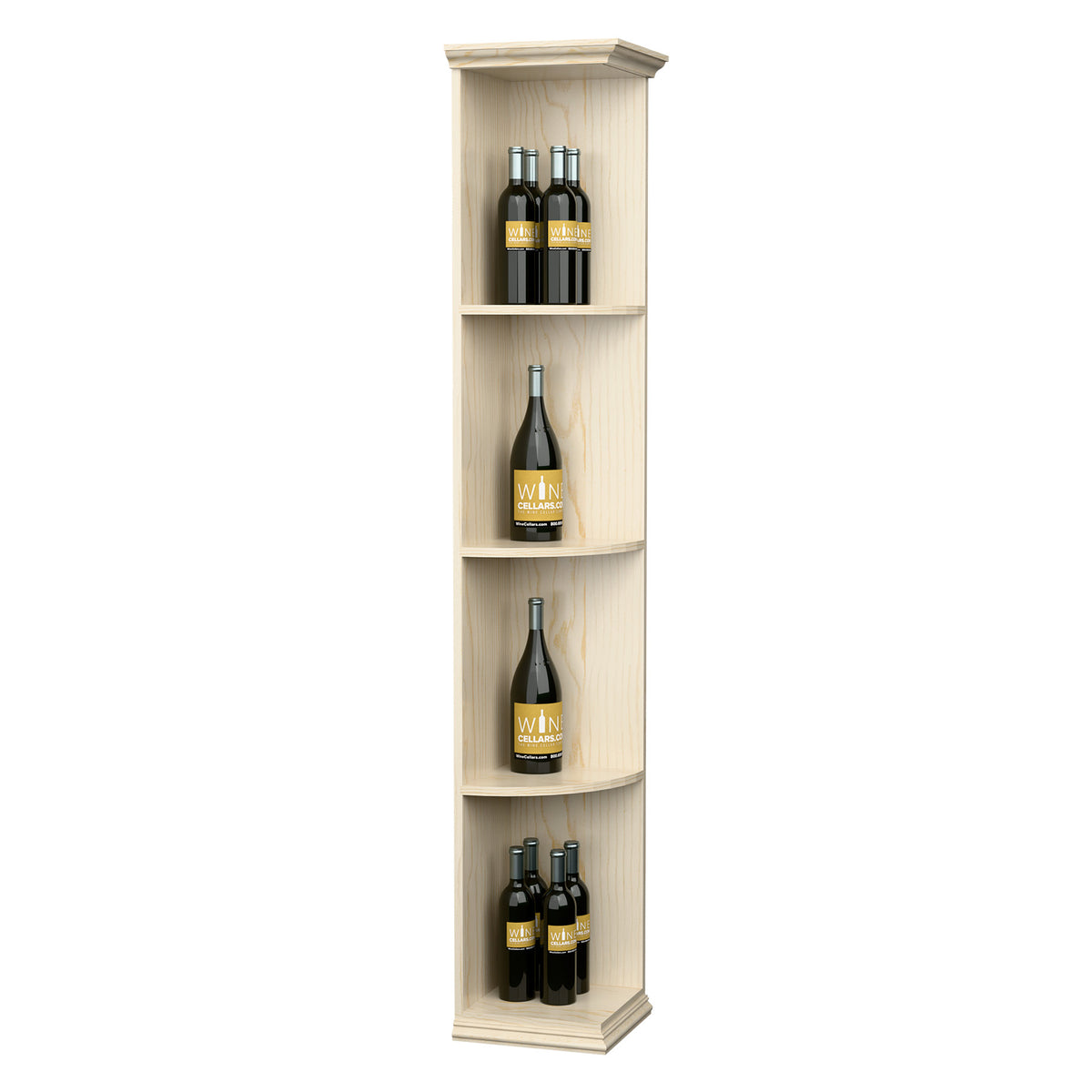 Quarter-round wooden shelf with square base, light natural finish, open corner bottle storage