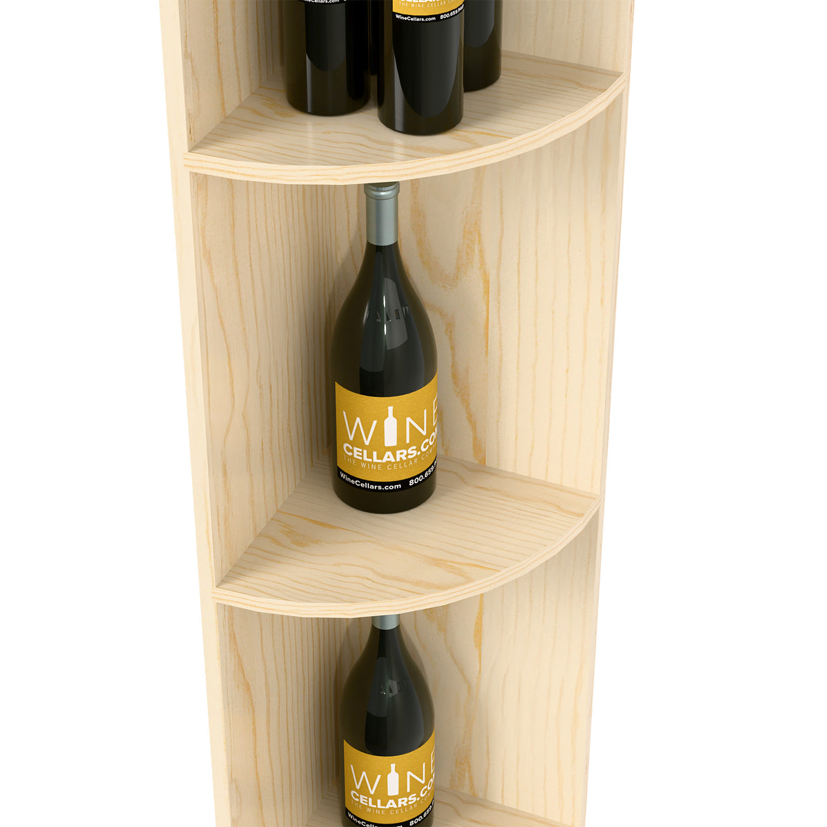 Quarter-round wooden wine shelf with light natural finish, curved shelves holding bottles