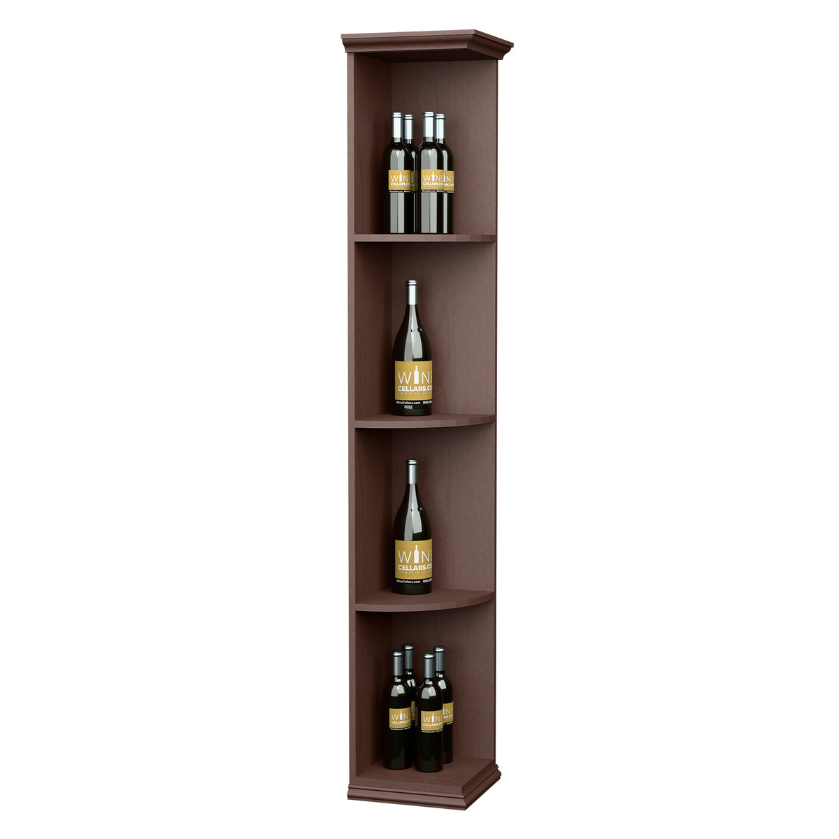 Quarter-round wooden shelf with square base, dark finish, four bottle slots