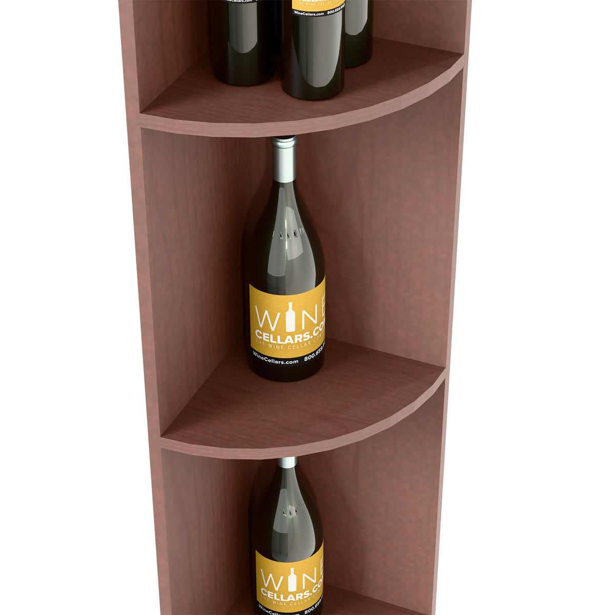 Quarter-round wooden wine shelf with dark finish, curved shelves with two bottles