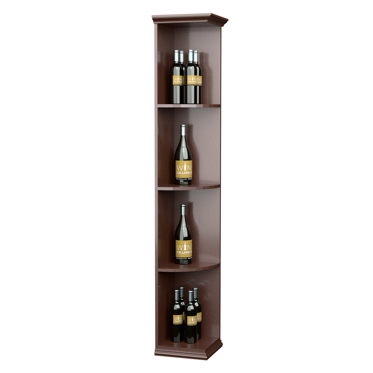 Corner display shelf with quarter-round bays and square base, holding bottles