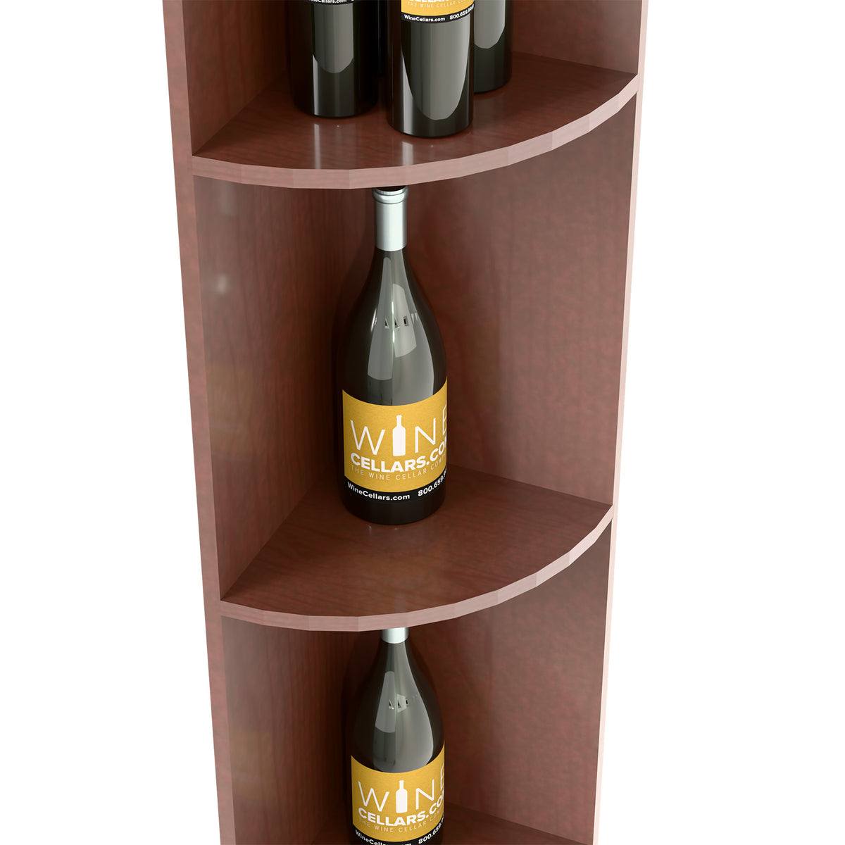 Quarter-round corner shelf with square frame and curved bottle cubbies