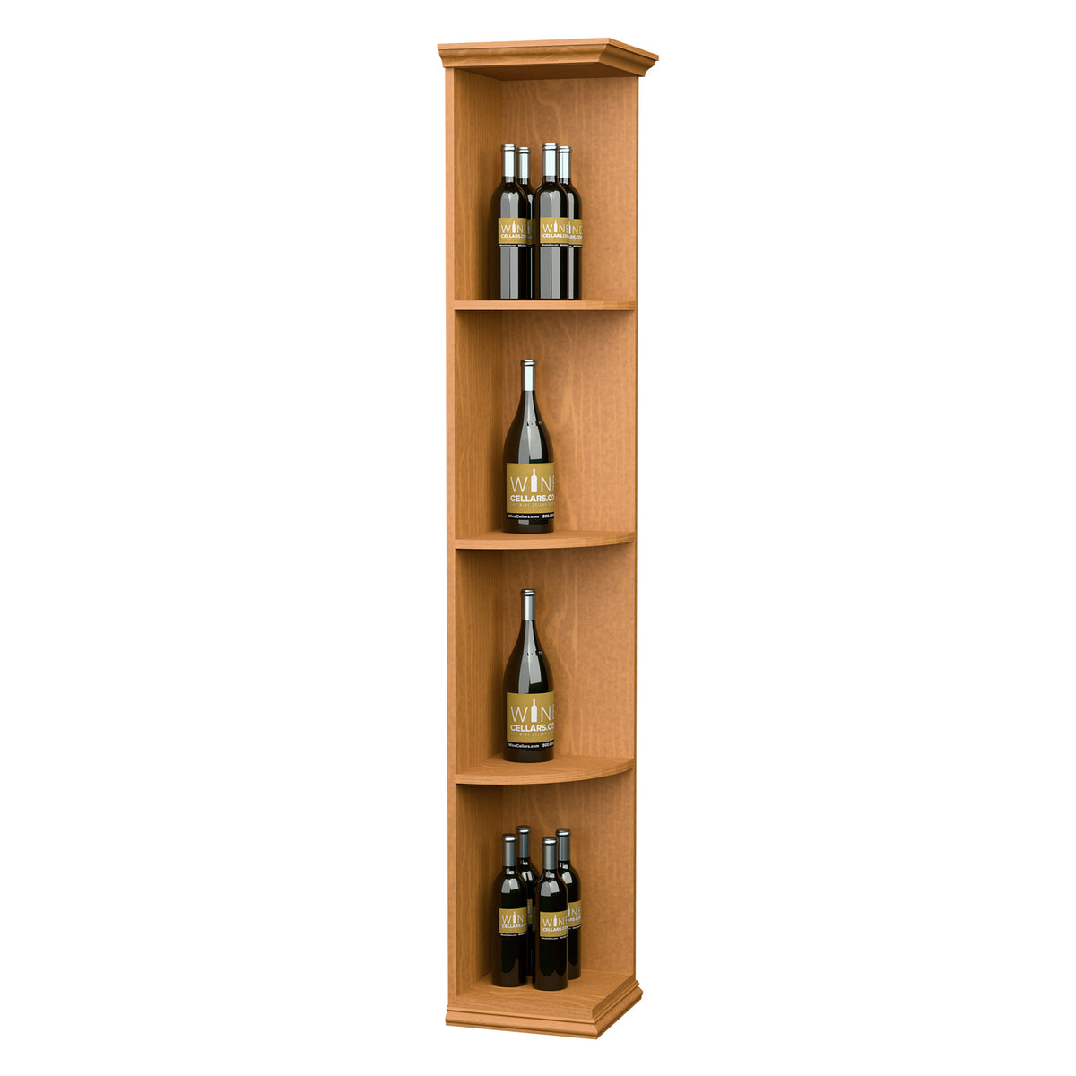 Quarter-round wine shelf with square base, four curved compartments for bottles