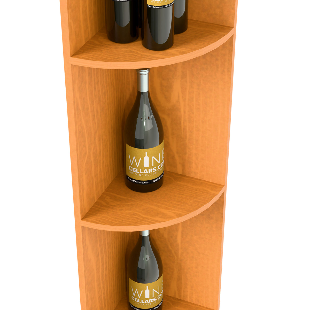 Curved corner wine shelf with square sides and bottle cubbies