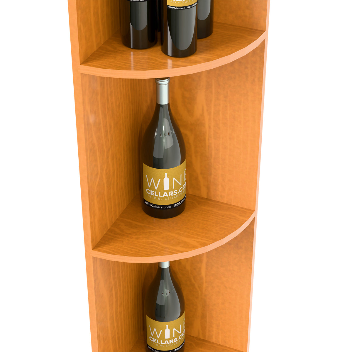 Quarter-round bottle display shelf with square base, curved cubby shelves