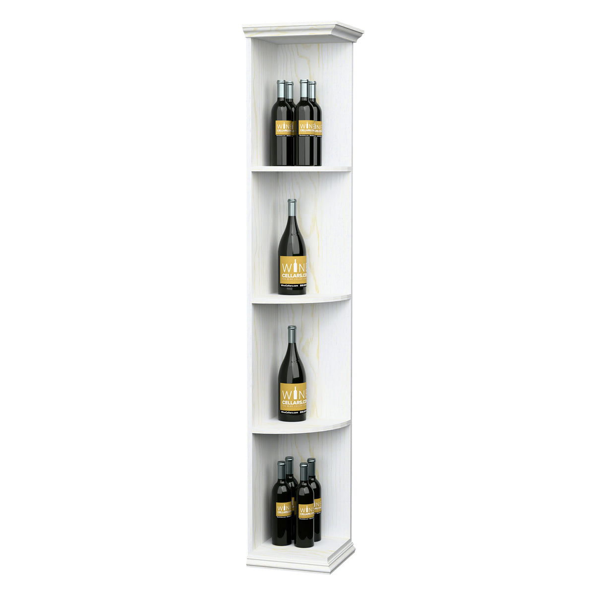 White quarter-round corner shelf with square base and curved bottle compartments