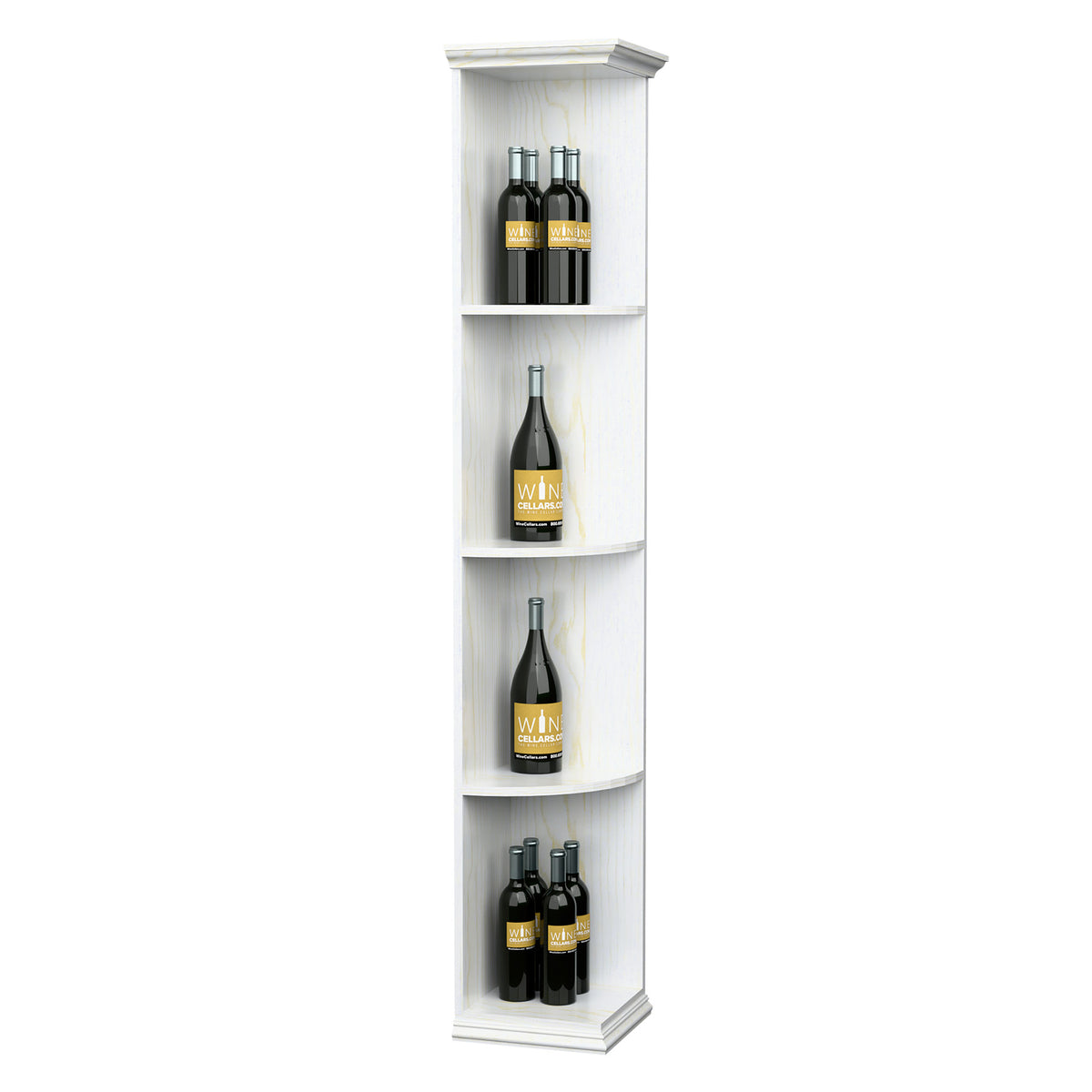 Tall white corner wine shelf with square base and four curved bottle shelves