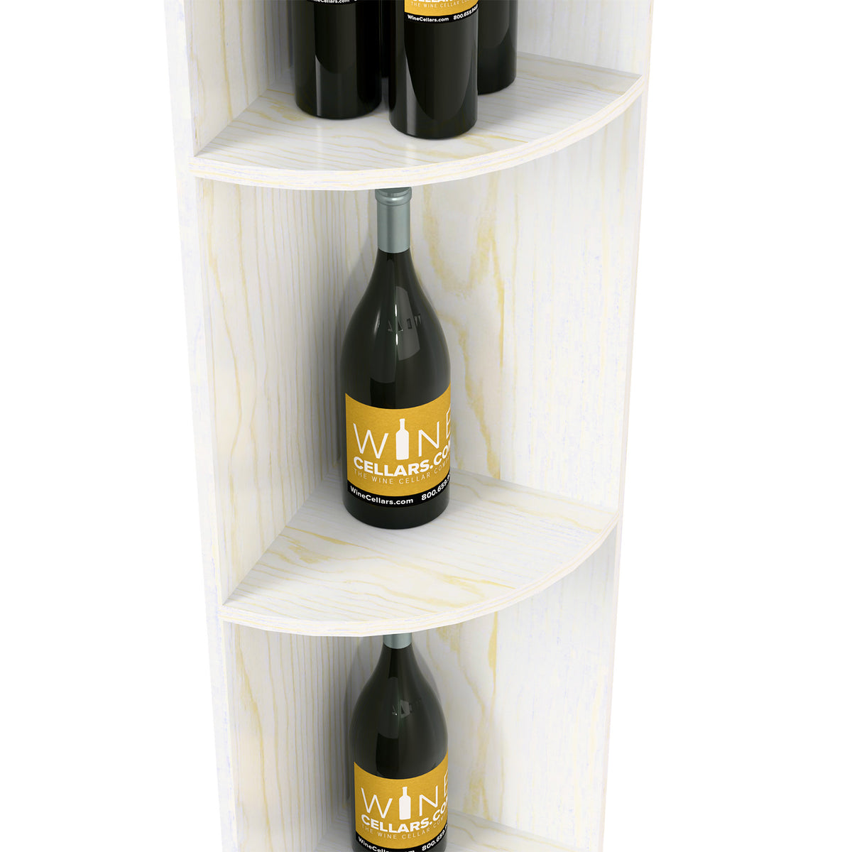 White quarter-round corner shelf with square frame and curved bottle cubby shelves