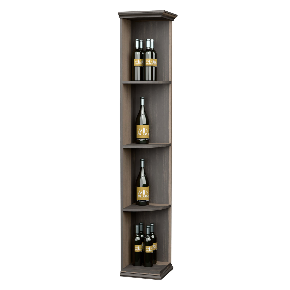 Corner wine bottle shelf, dark wood with three curved shelves and square base