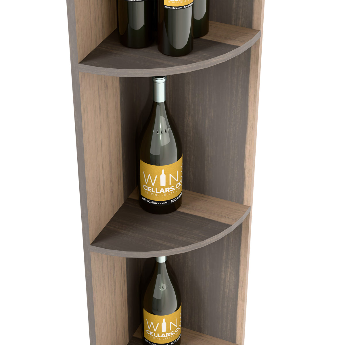 Corner wine bottle shelf detail, dark wood quarter-round compartments with curved shelves