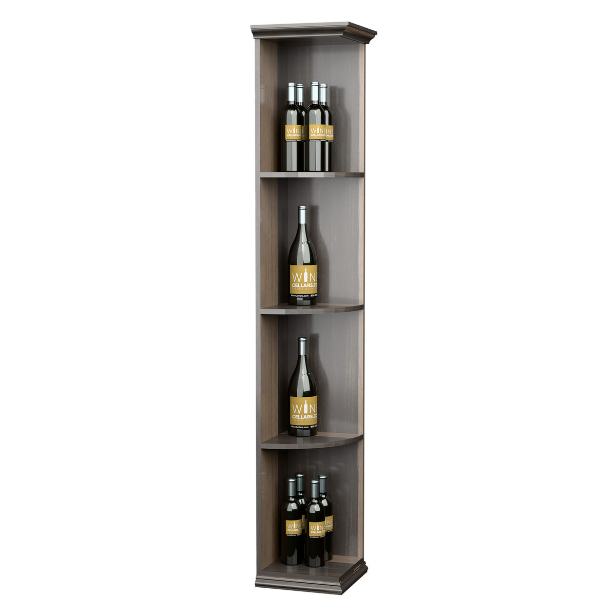 Corner wine bottle shelf, dark wood finish with three curved shelves and square base