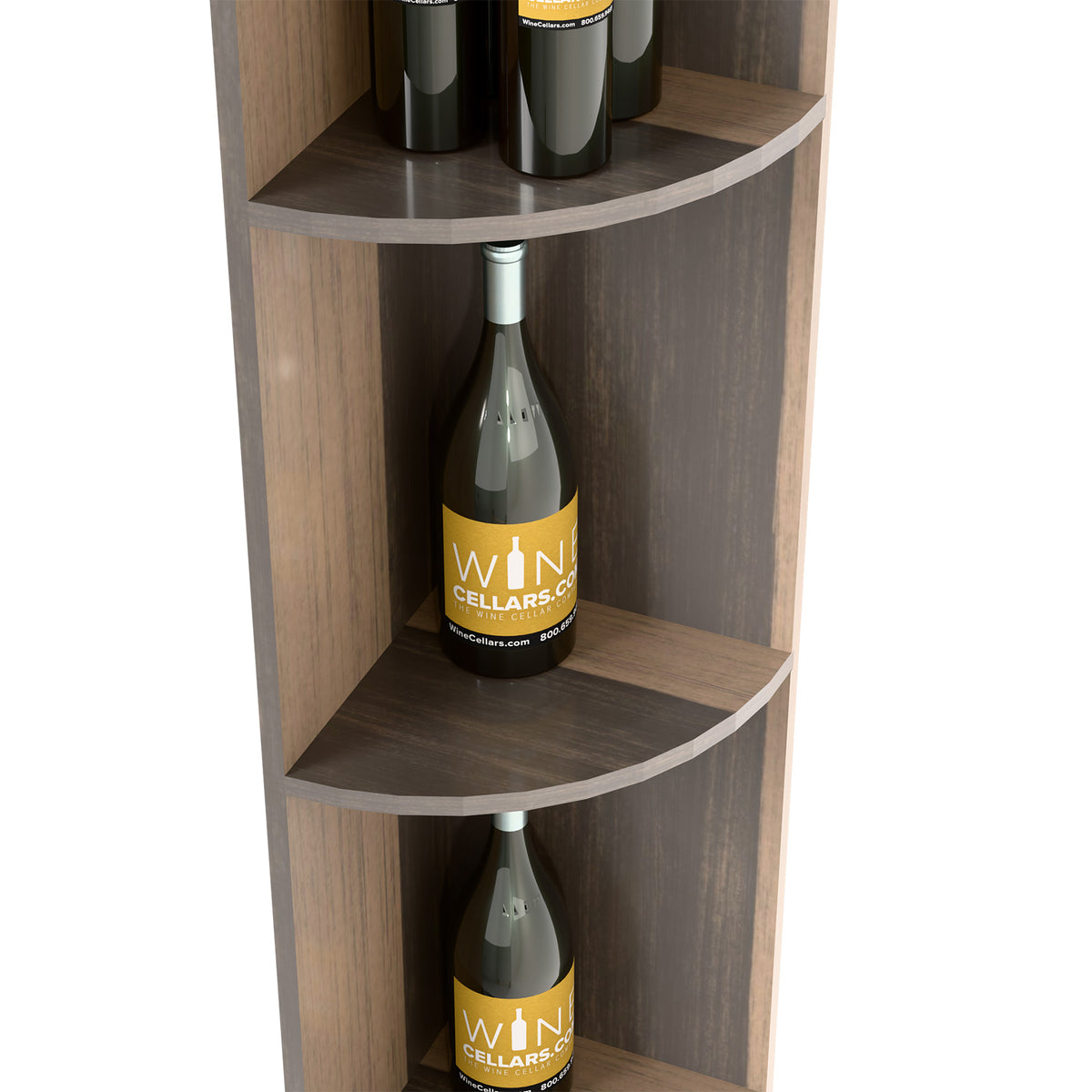 Quarter-round wine bottle shelf, dark wood with two curved shelves shown