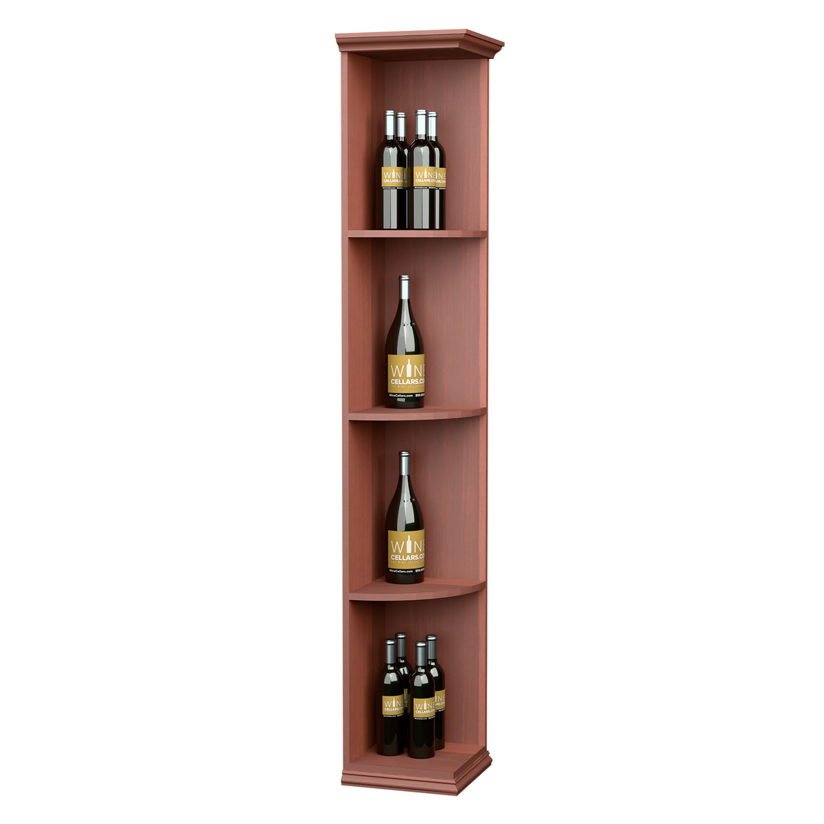 Corner wine bottle shelf, reddish wood finish with three curved shelves and square base