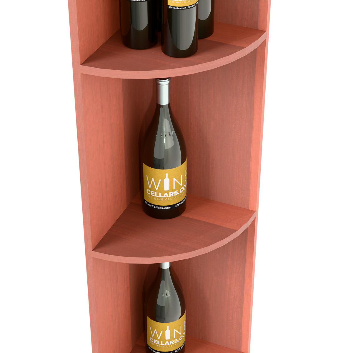 Quarter-round wine bottle shelf detail, reddish wood with curved shelves for bottles
