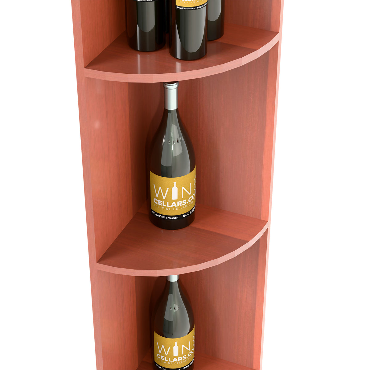 Quarter-round wine bottle shelf detail, reddish wood with two curved shelves