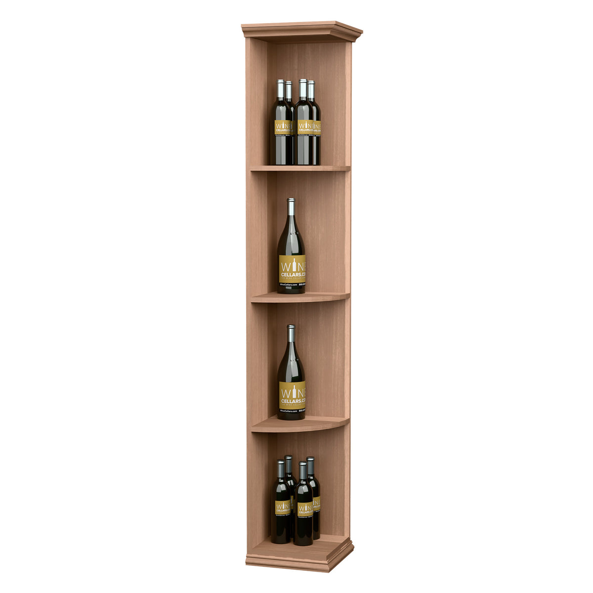 Corner wine bottle shelf, light wood finish with three curved shelves and square base
