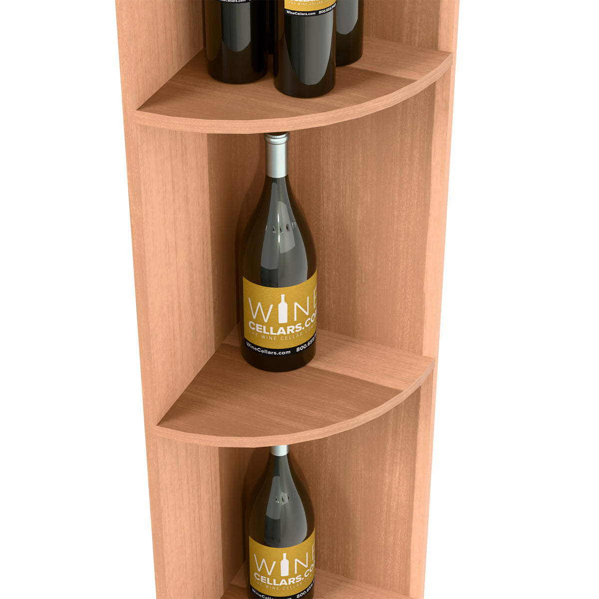 Quarter-round wine bottle shelf detail, light wood with two curved shelves