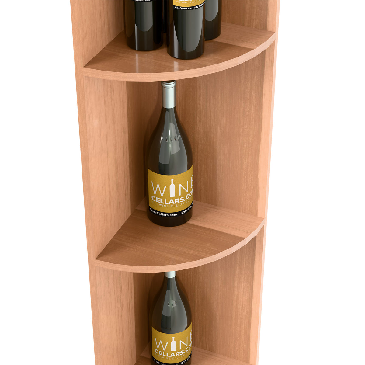 Quarter-round shelf section, light wood finish, with wine bottle on top cubby