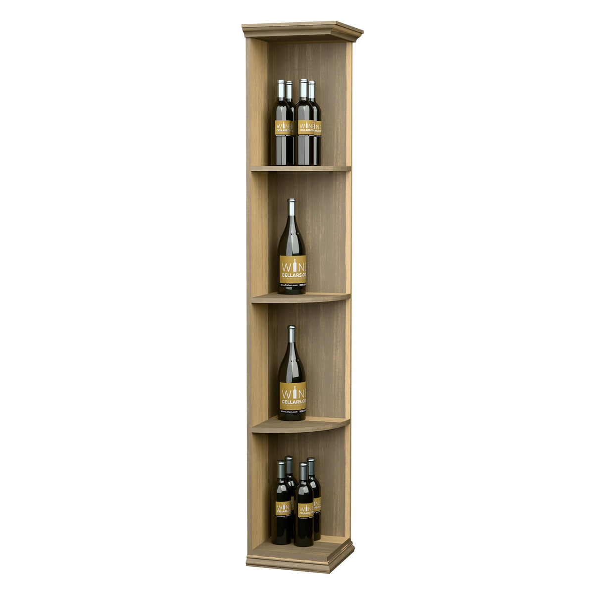 Quarter-round corner shelf with square base, light wood, four bottle cubbies