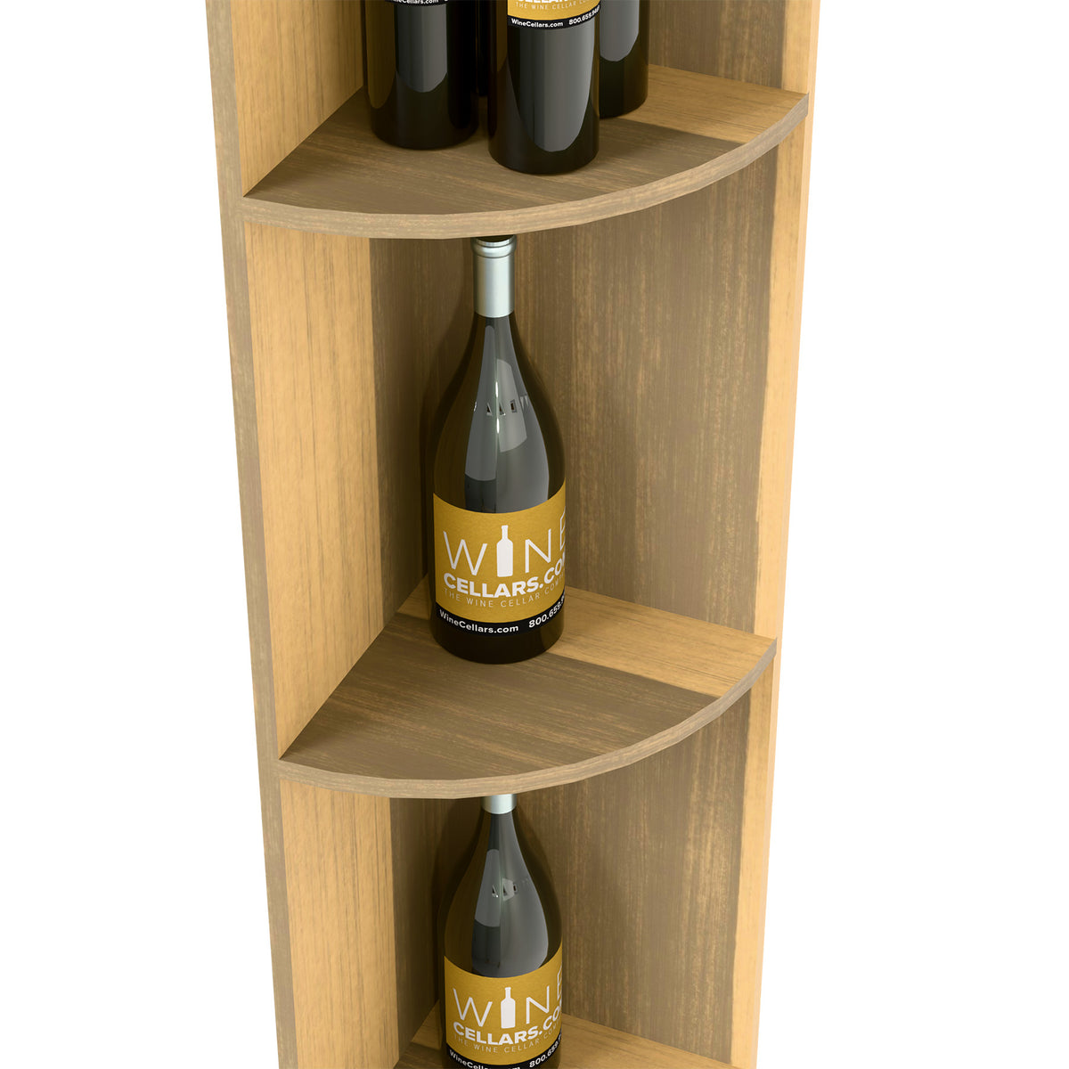 Quarter-round cubby shelf, light wood, two wine bottles in curved shelves