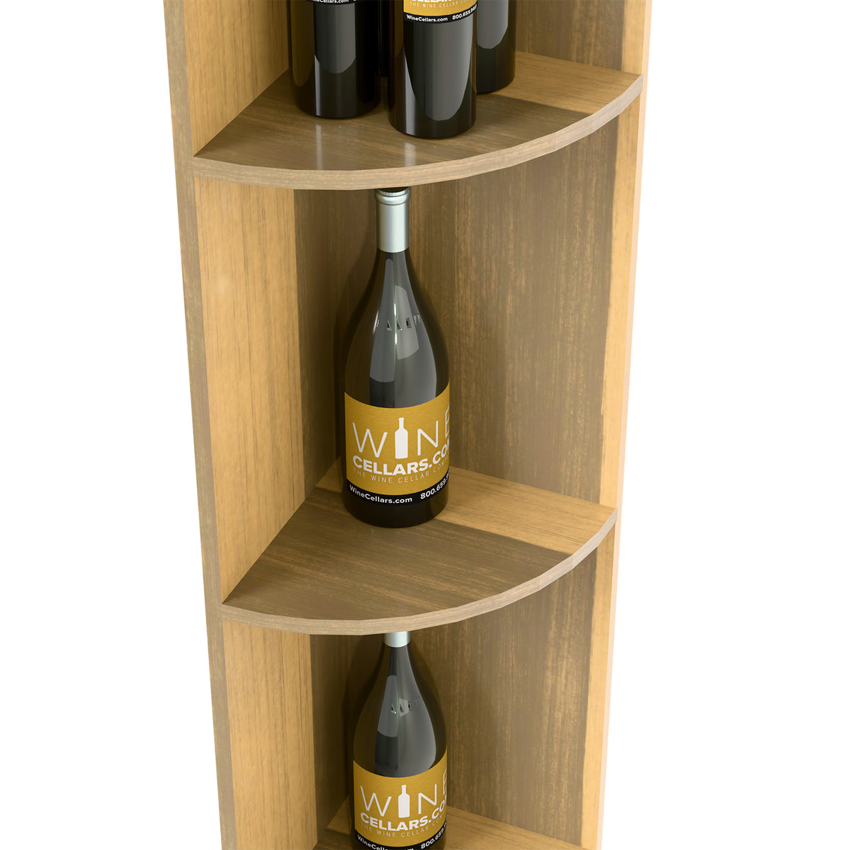 Quarter-round cubby shelf, light wood, wine bottle centered on curved shelf