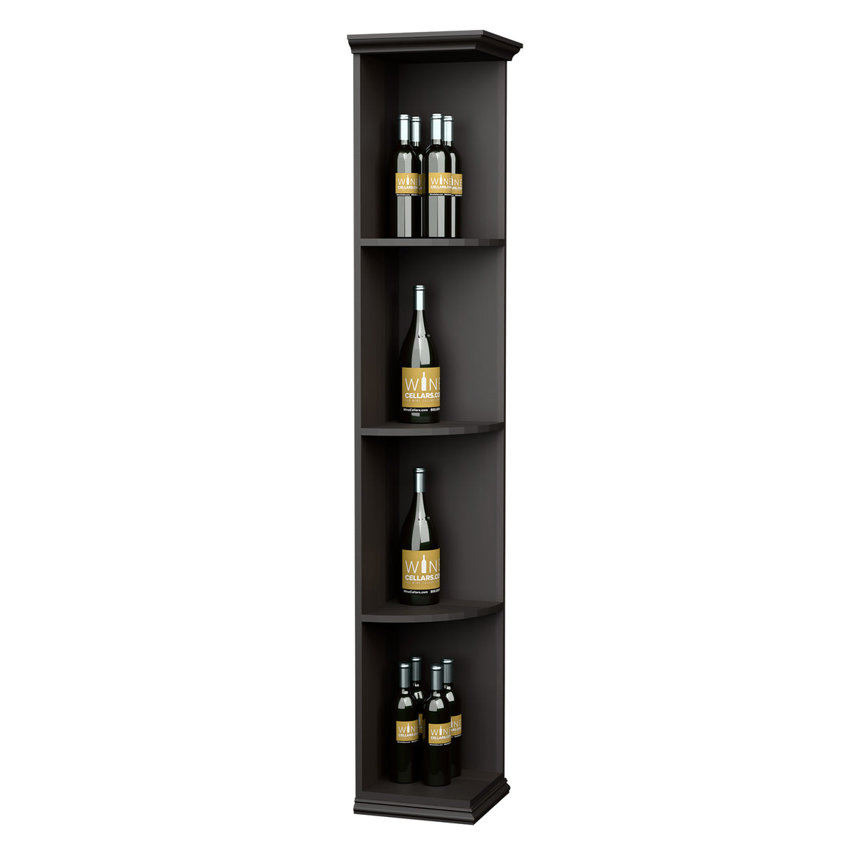 Quarter-round corner shelf with square base, dark gray, holding wine bottles