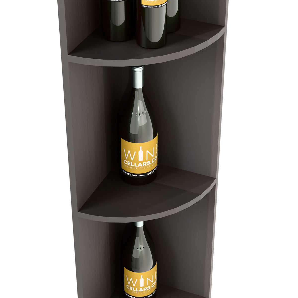 Quarter-round shelf cubby, dark gray finish, wine bottle on curved shelf
