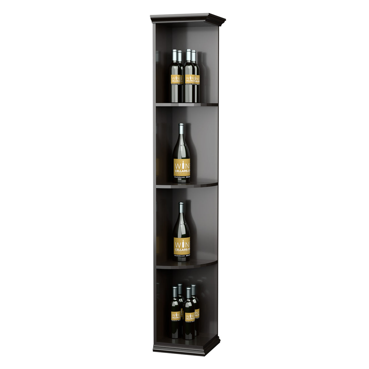 Quarter-round corner shelf with square base, dark gray, four bottle compartments