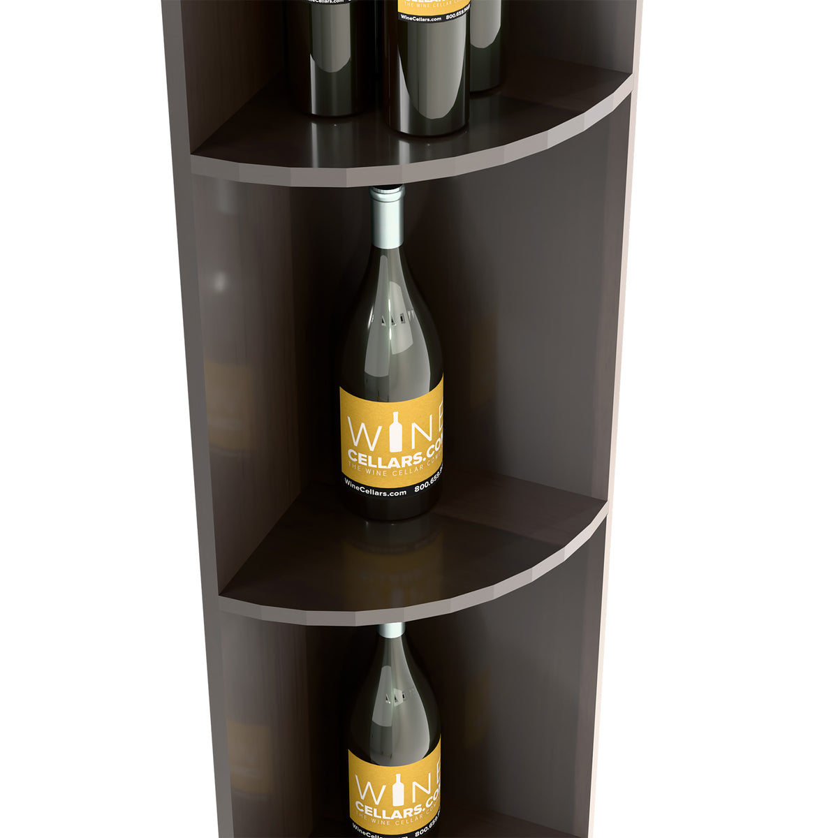 Quarter-round shelf cubby, dark gray finish, two wine bottles on curved shelves