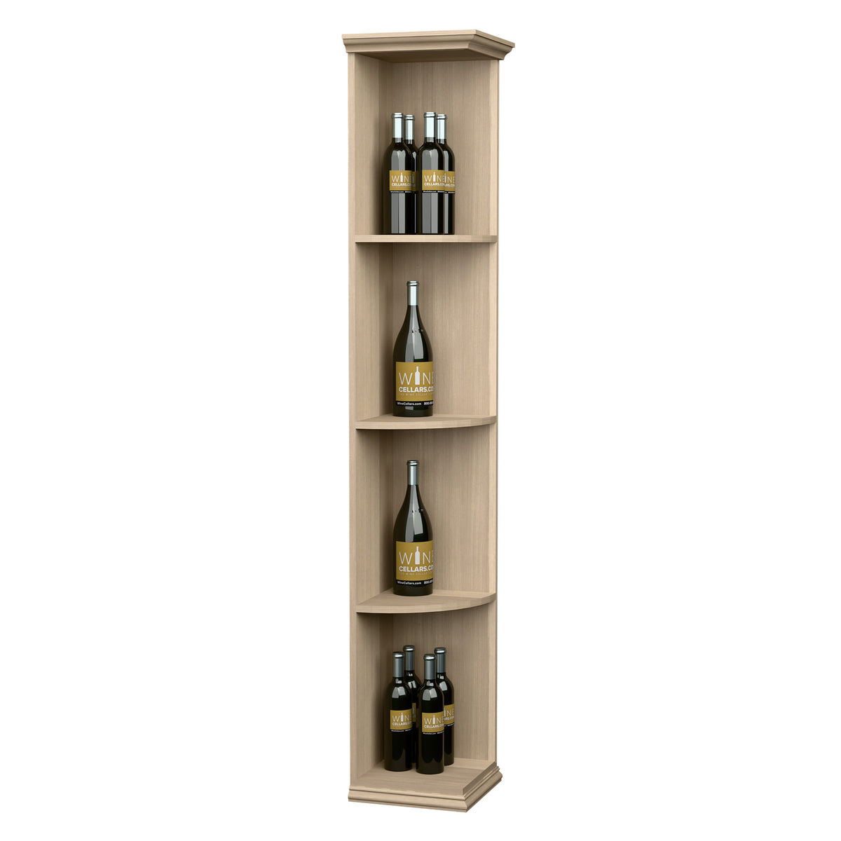 Quarter-round corner shelf with square base, light wood, four curved tiers for bottles