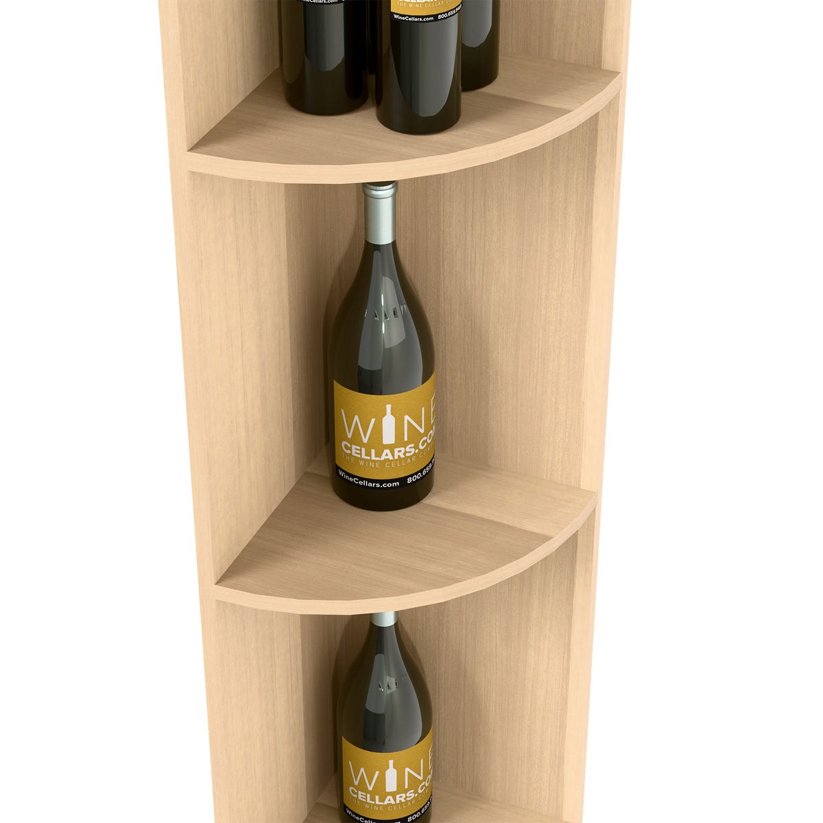 Quarter-round shelf with square base, light wood, curved middle cubby with bottle