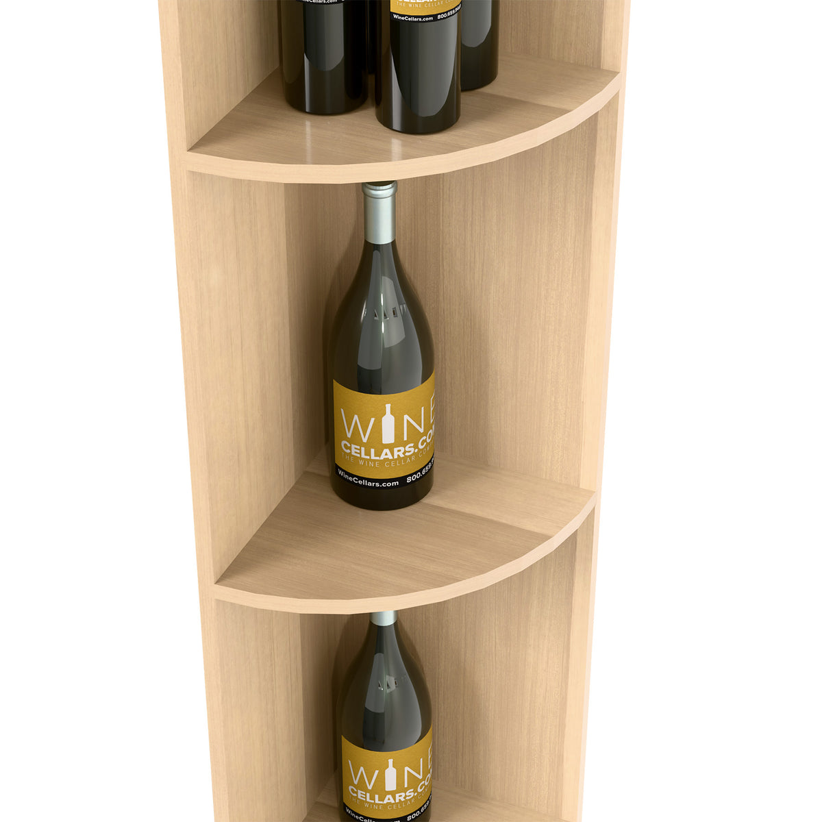 Quarter-round shelf with square base, light wood, curved cubby with bottle display