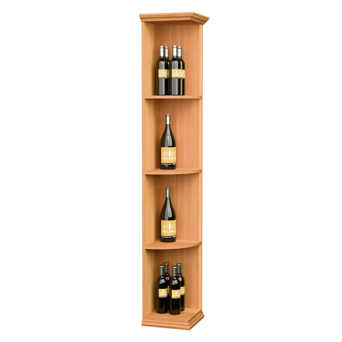 Quarter-round corner wine shelf with square base, orange wood, four curved tiers