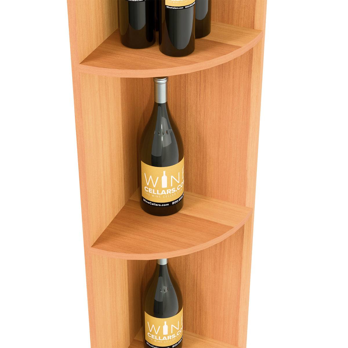 Quarter-round shelf with square base, orange wood, curved cubby with bottle
