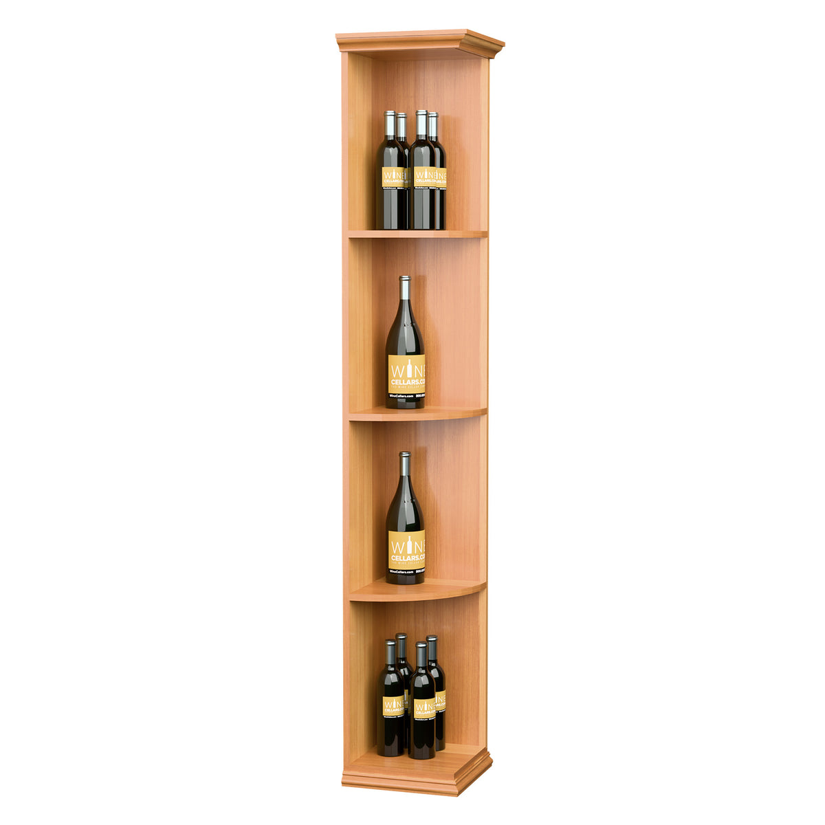 Tall quarter-round shelf with square base, orange wood, four bottle cubbies