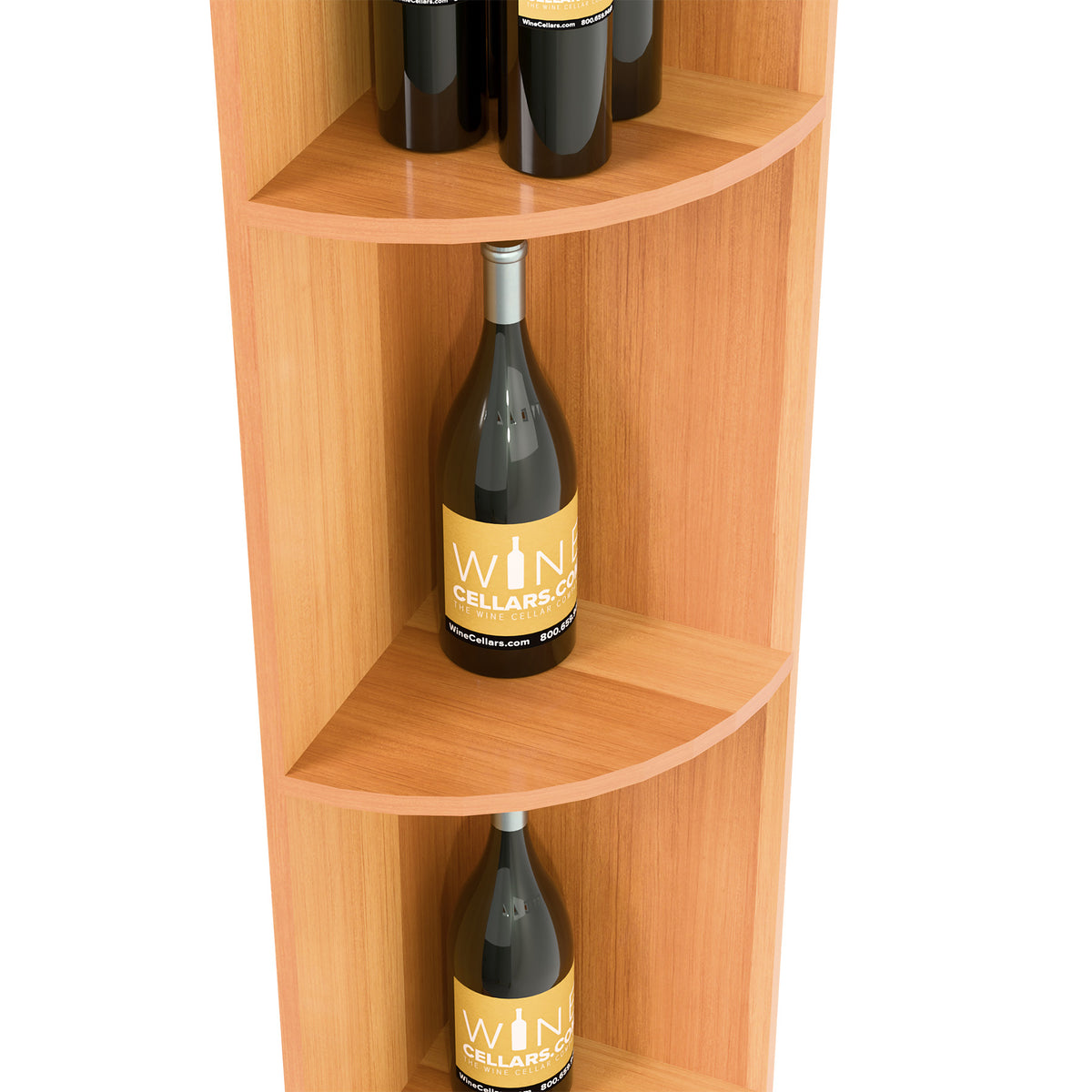 Quarter-round shelf with square base, orange wood, curved cubby and bottle