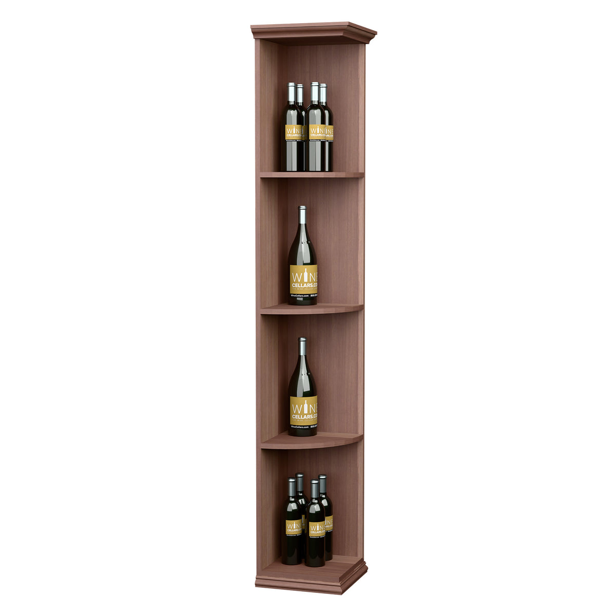 Quarter-round corner wine shelf with square base, dark wood, four curved tiers