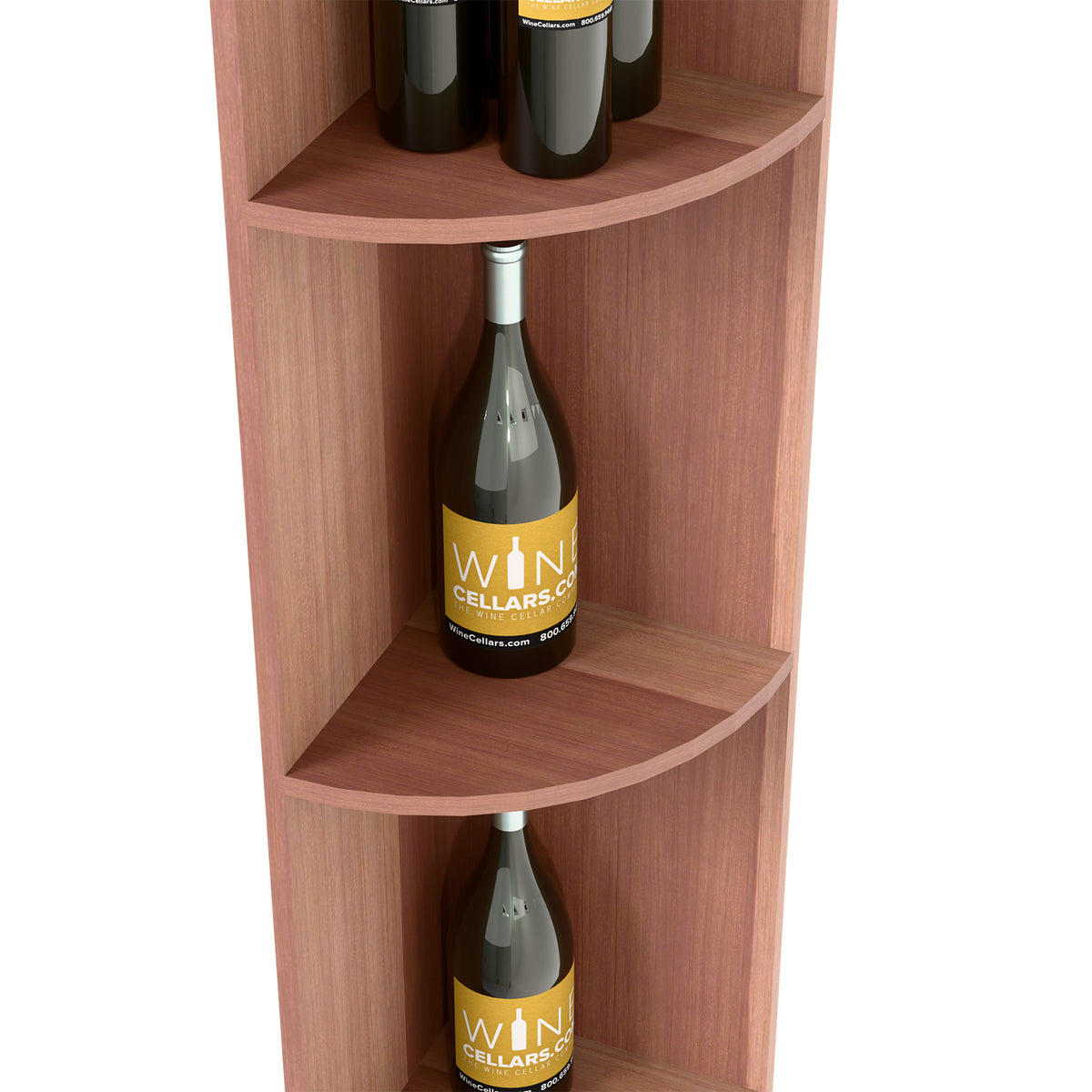 Quarter-round shelf with square base, dark wood, curved cubby with bottle display