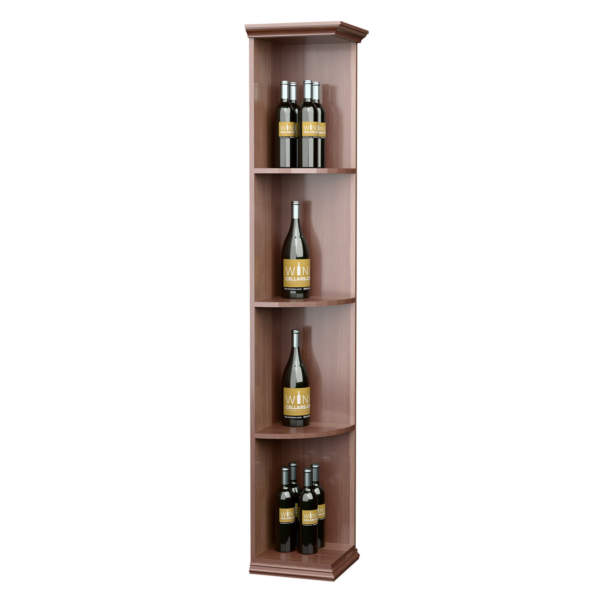 Dark wood quarter-round shelf with square base, displaying four bottles