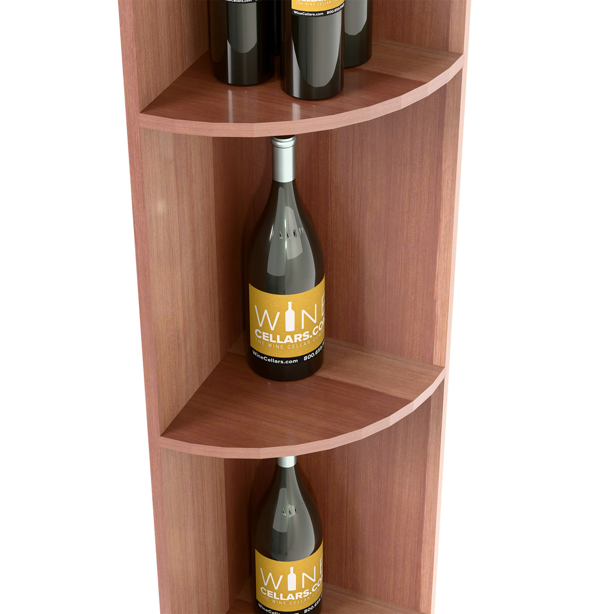 Dark wood quarter-round shelf with two bottle compartments and curved shelf edges