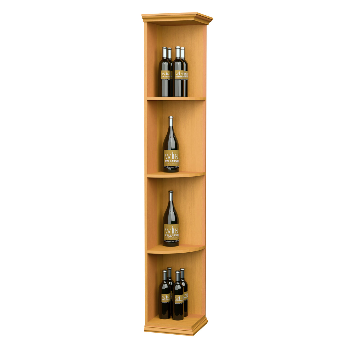 Light wood quarter-round shelf with square base, holding four bottles