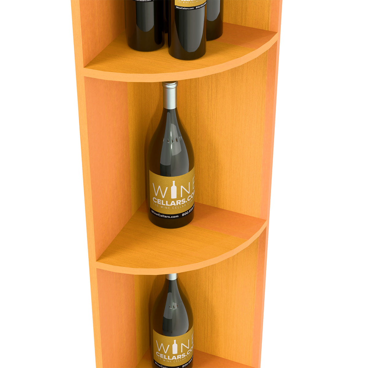 Light wood quarter-round shelf with bottle on curved middle compartment