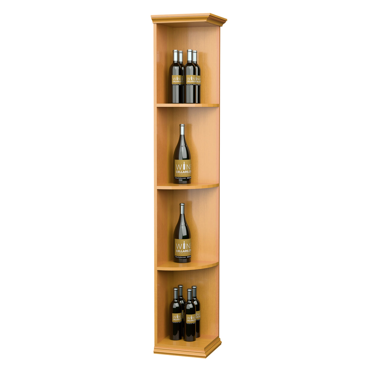Light wood corner display shelf with square base and four bottle compartments