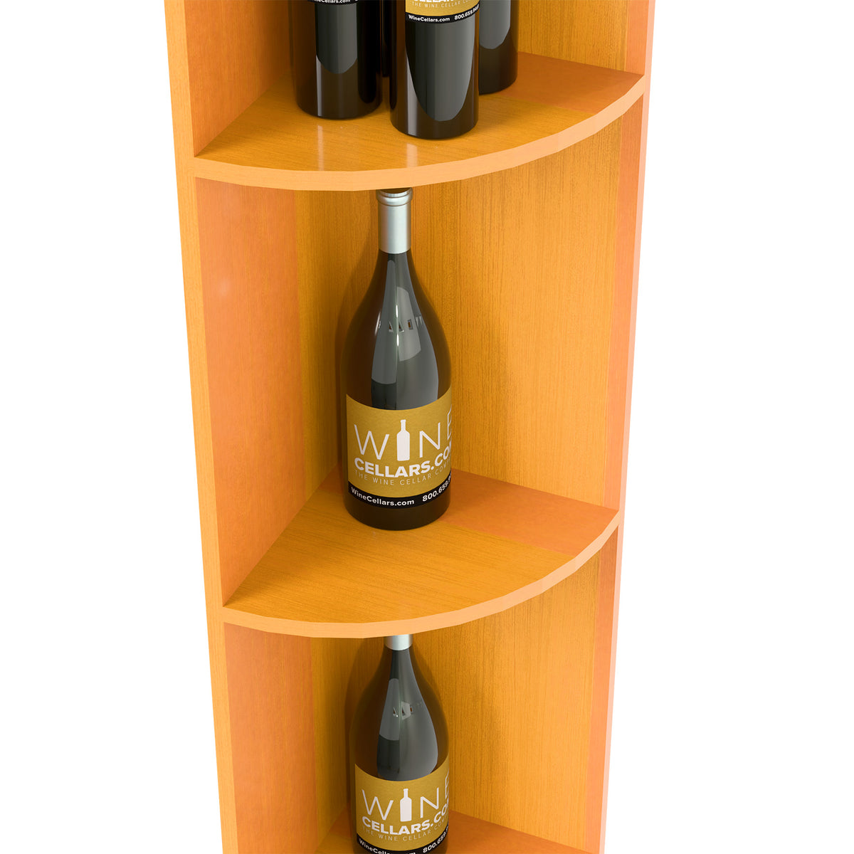 Light wood quarter-round shelf with bottles on upper and lower curved shelves