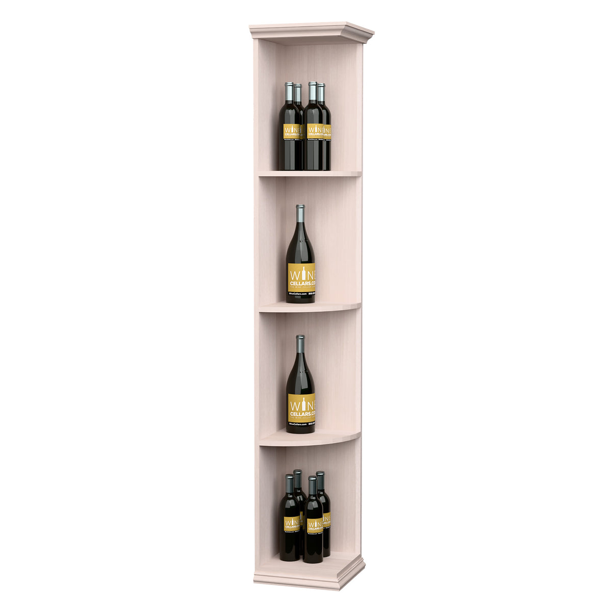 White-finished quarter-round shelf with square base, showing four bottles