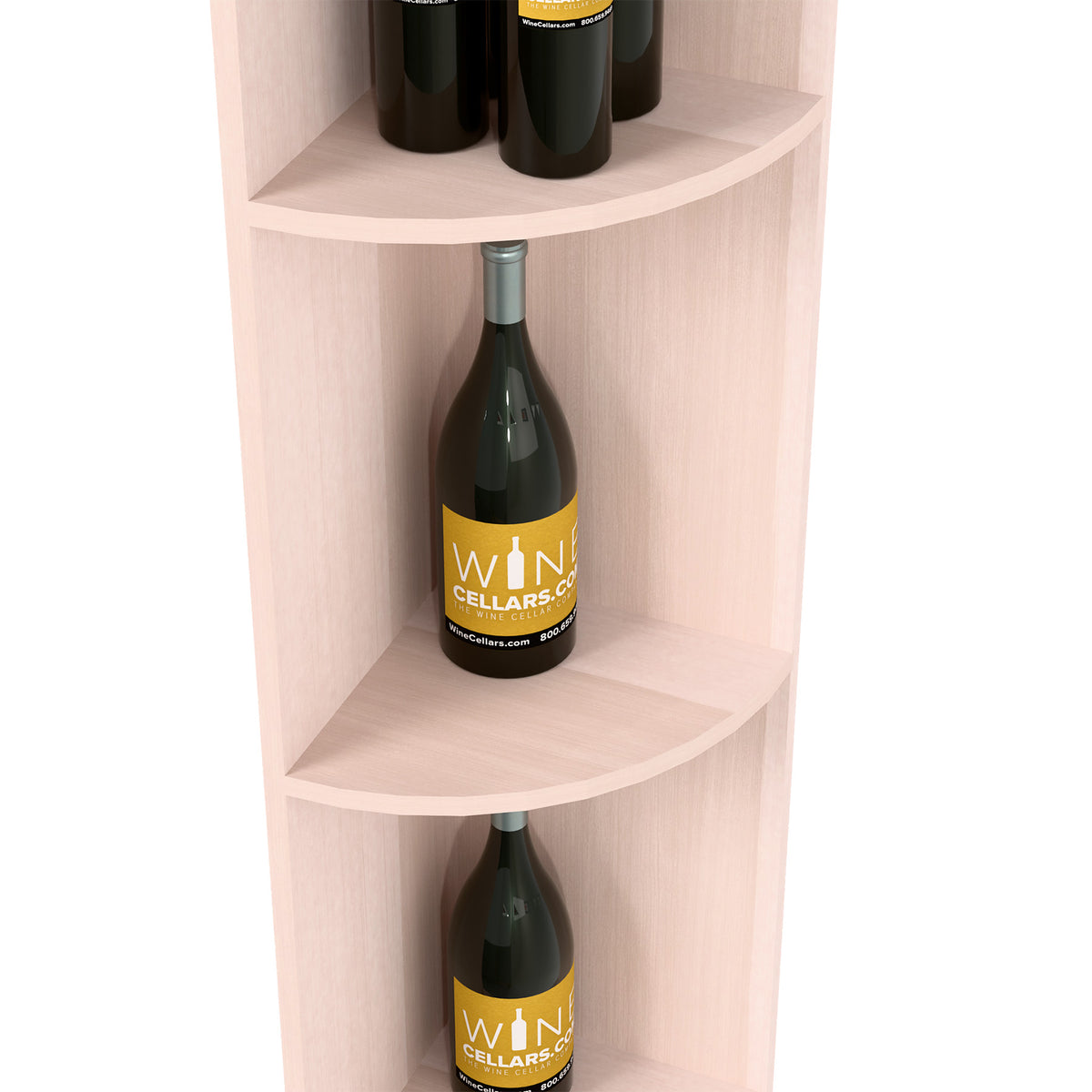 White-finished quarter-round shelf with a bottle on the curved middle compartment