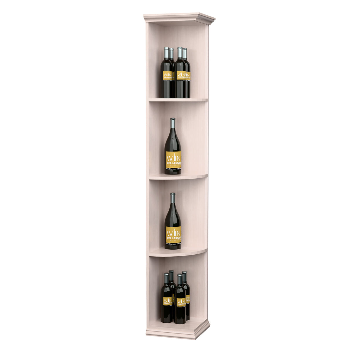 White-finished corner shelf with square base and four bottle storage compartments