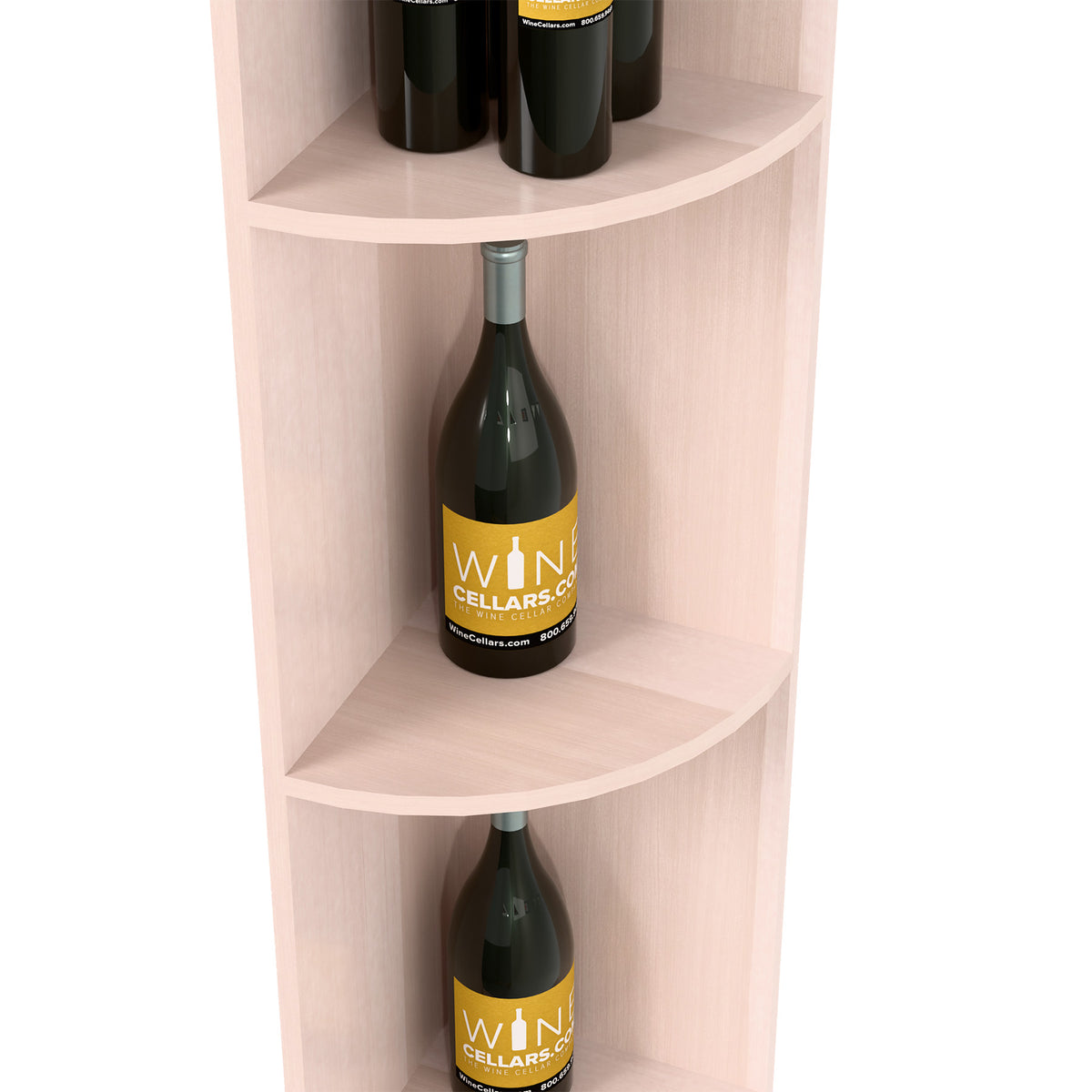 White-finished quarter-round shelf with bottles on upper and lower compartments