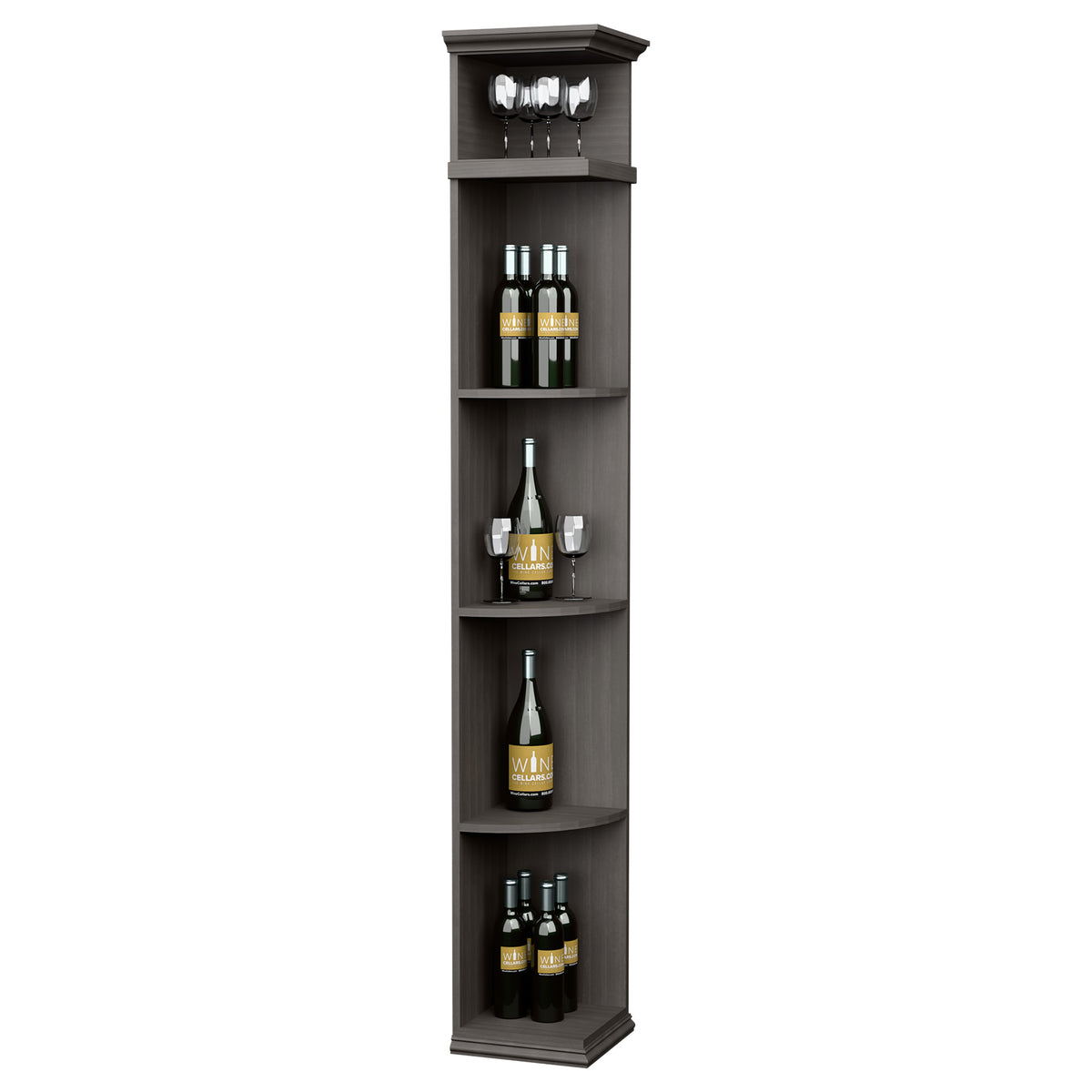 Quarter-round wine shelf cabinet with square base, dark grey, curved bottle shelves