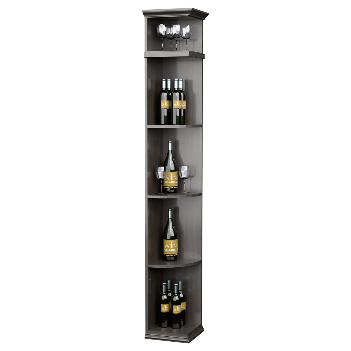 Quarter-round wine shelf cabinet with square base, dark grey, curved bottle shelves